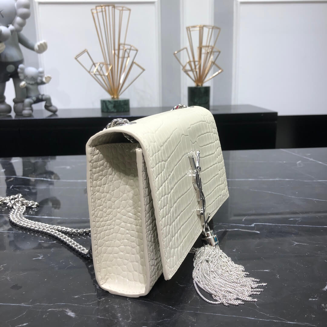 YS-L cross body chain sling bags WHITE crocodile texture calfskin magnetic buckle silver 474366