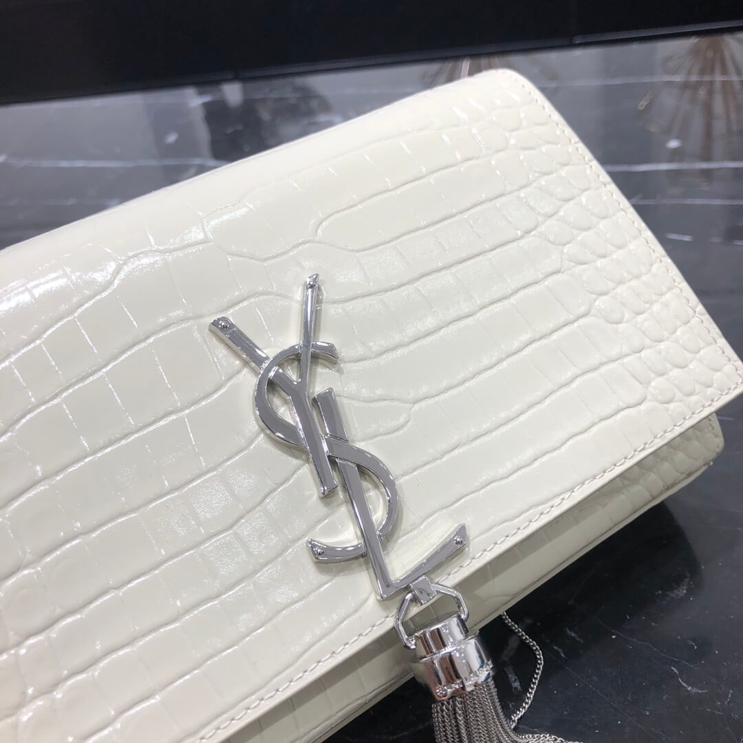 YS-L cross body chain sling bags WHITE crocodile texture calfskin magnetic buckle silver 474366