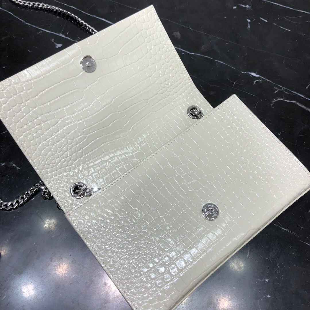 YS-L cross body chain sling bags WHITE crocodile texture calfskin magnetic buckle silver 474366