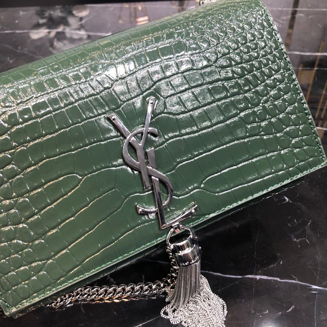 YS-L cross body chain sling bags gree crocodile texture calfskin magnetic buckle silver 474366