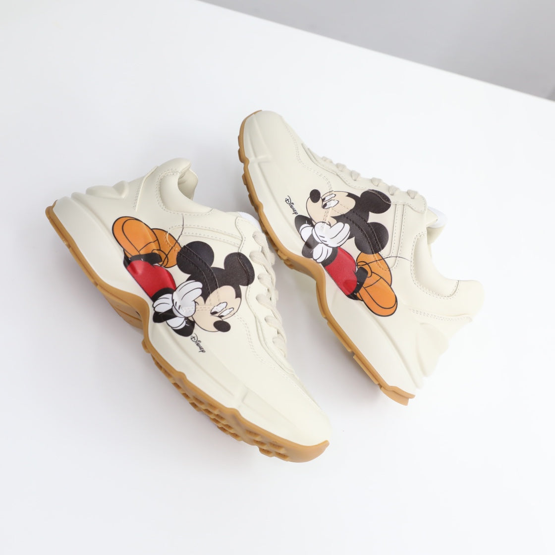 New Women's White Genuine Leather Thick Sole Casual Mickey Color Block Printed Comfortable Sports Shoes XZH119