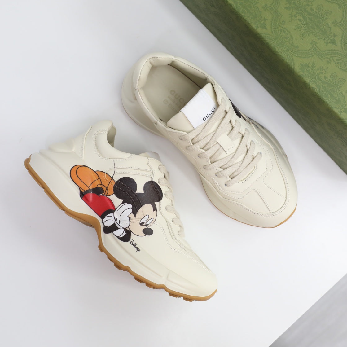 New Women's White Genuine Leather Thick Sole Casual Mickey Color Block Printed Comfortable Sports Shoes XZH119