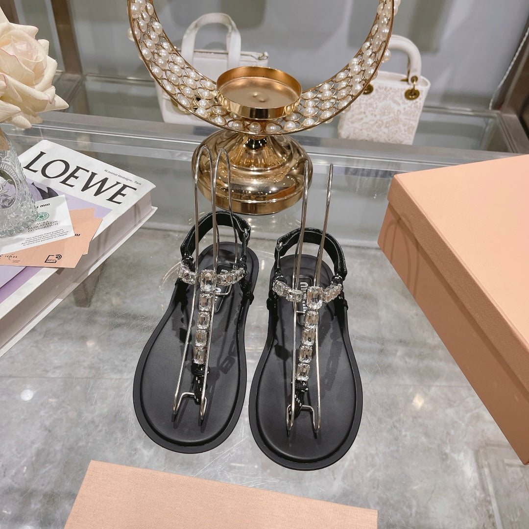 Leisure transparent rhinestone toe clip flat sandals, flat vacation slippers XZH99