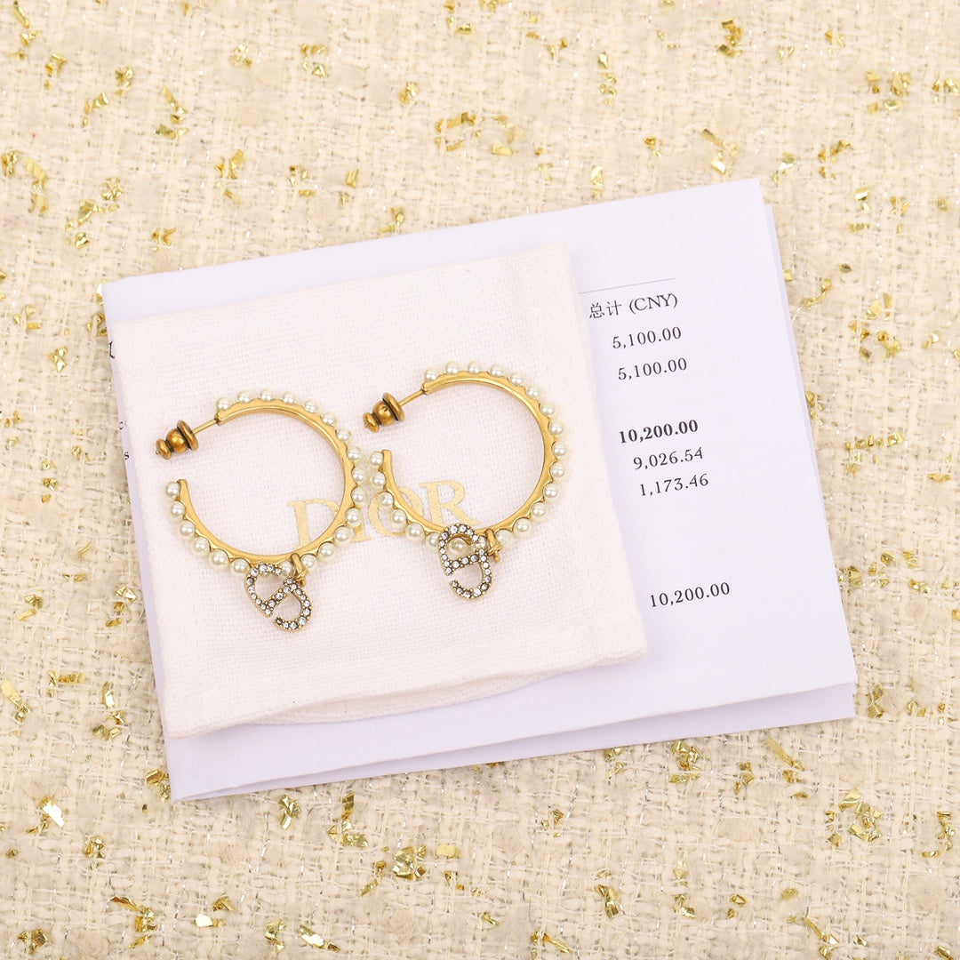 D Pearl Letter Half Circle Gold Earrings EHA143