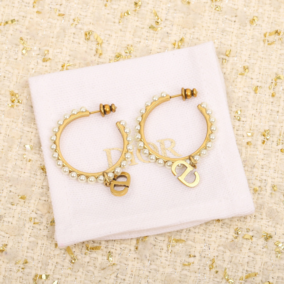 D Pearl Letter Half Circle Gold Earrings EHA143