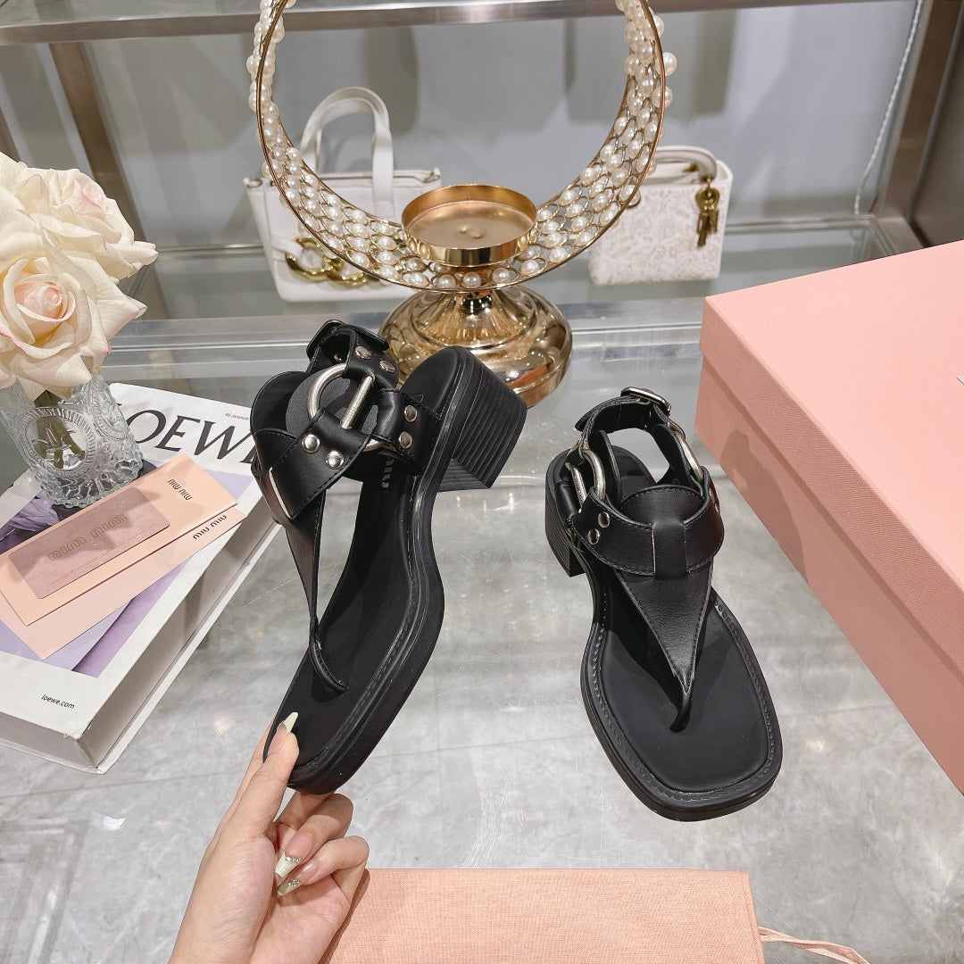 Herringbone black metal ring thick heel clip toe sandals XZH140