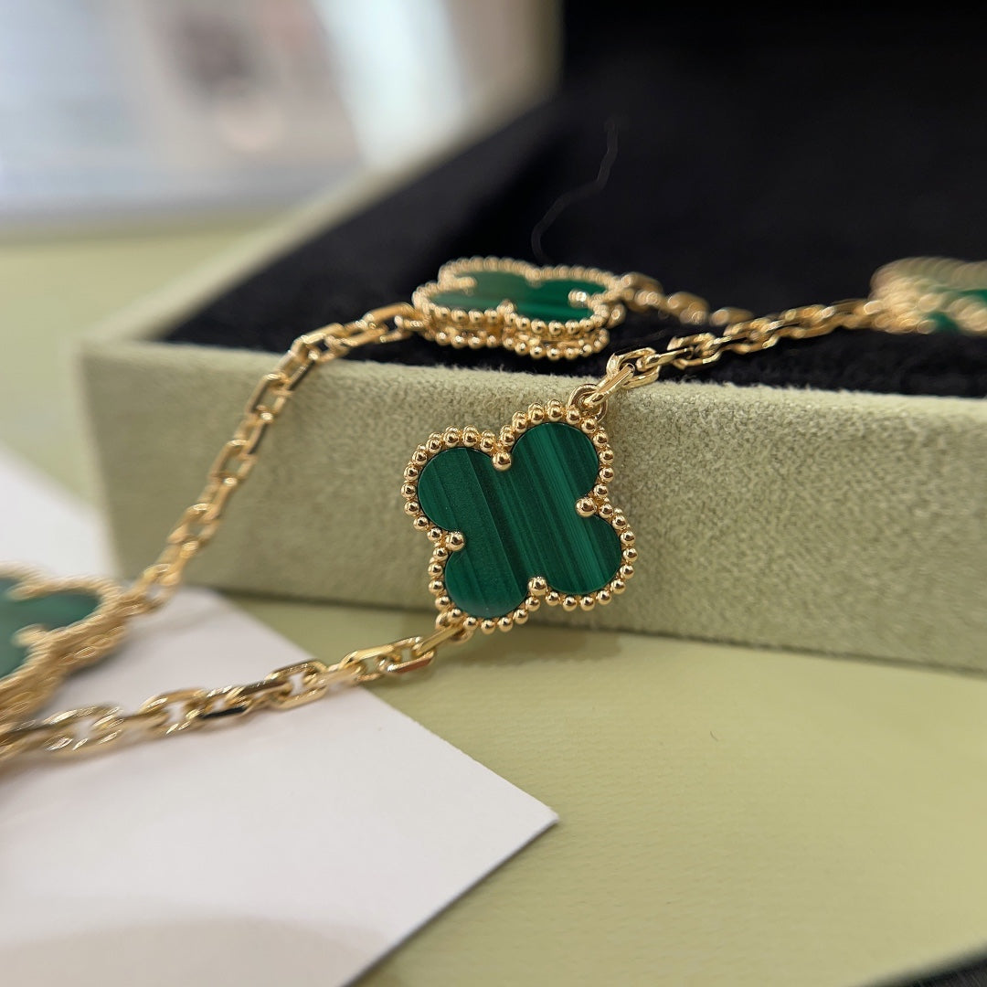 18K Clover Ten Flower Green Malachite Gold Necklace XLC75