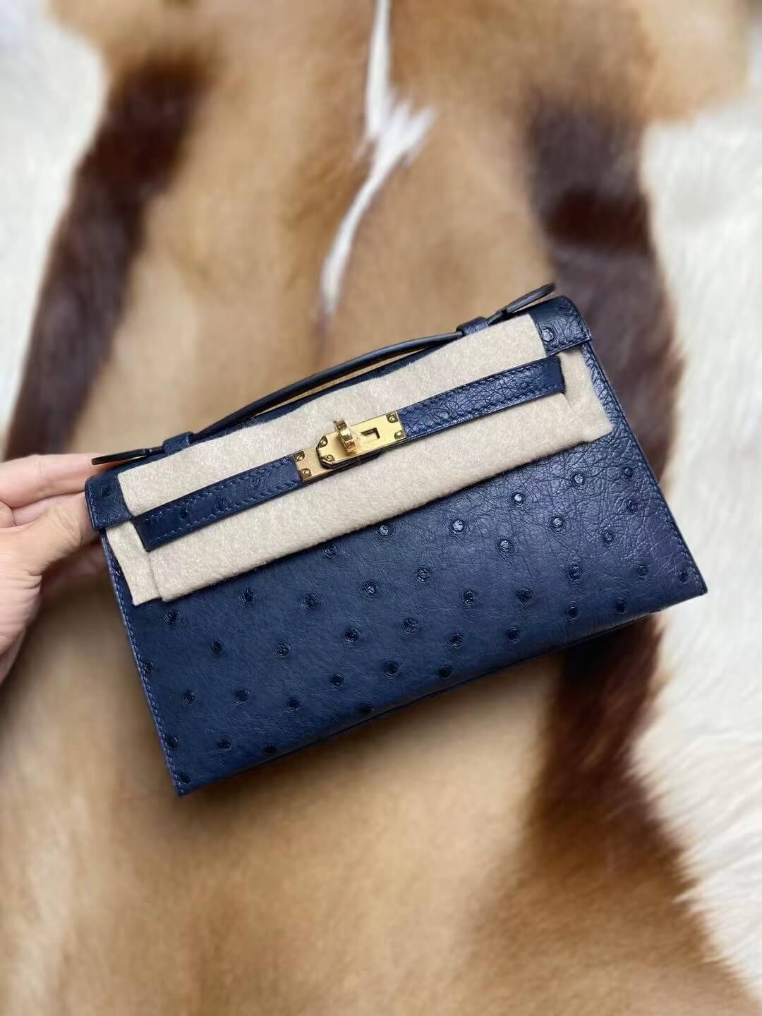 HM 230419 mini kelly 22cm Ostrich skin real leather wax thread full handmade navy blue