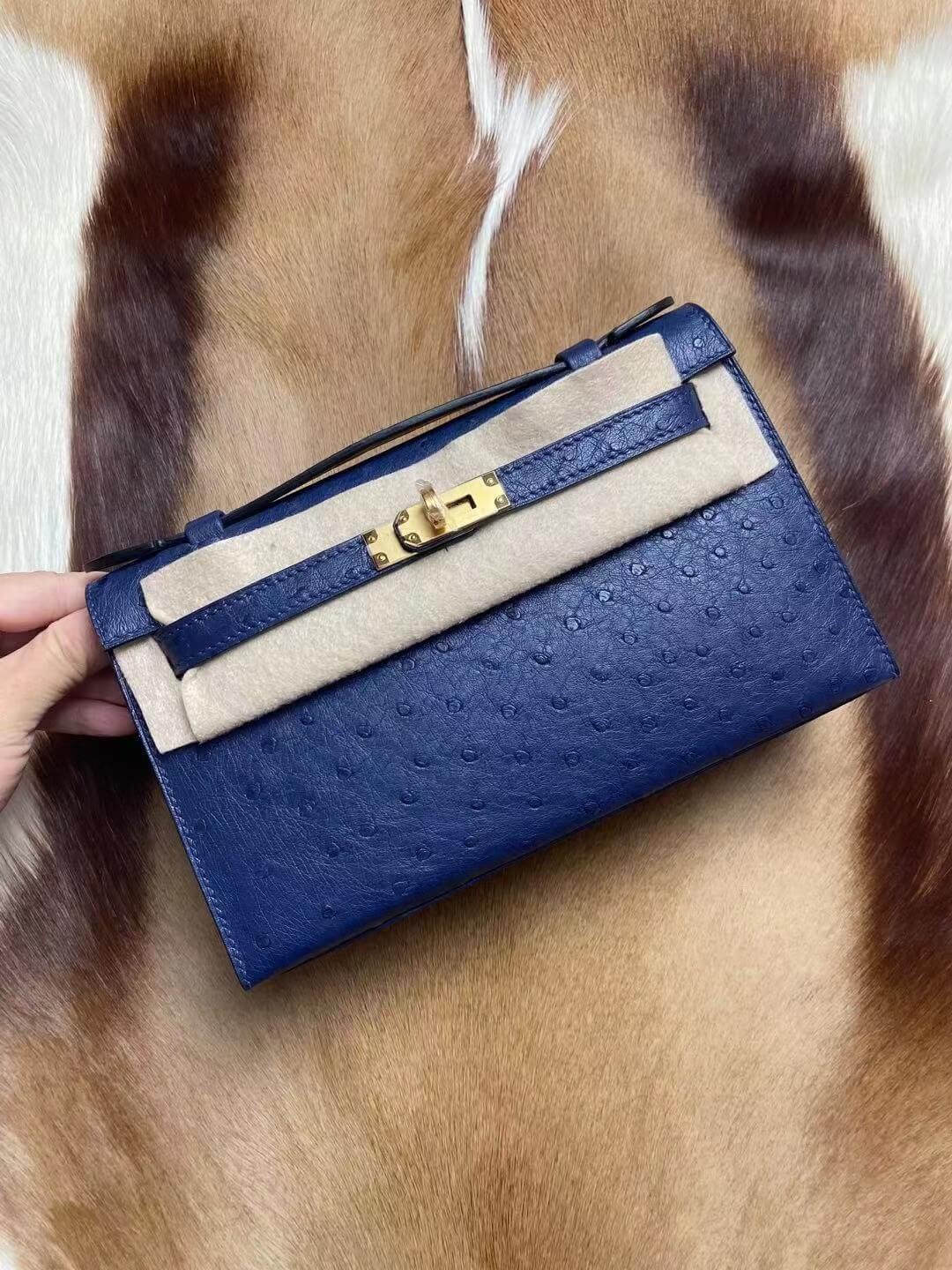 HM 230419 mini kelly 22cm Ostrich skin real leather wax thread full handmade navy blue