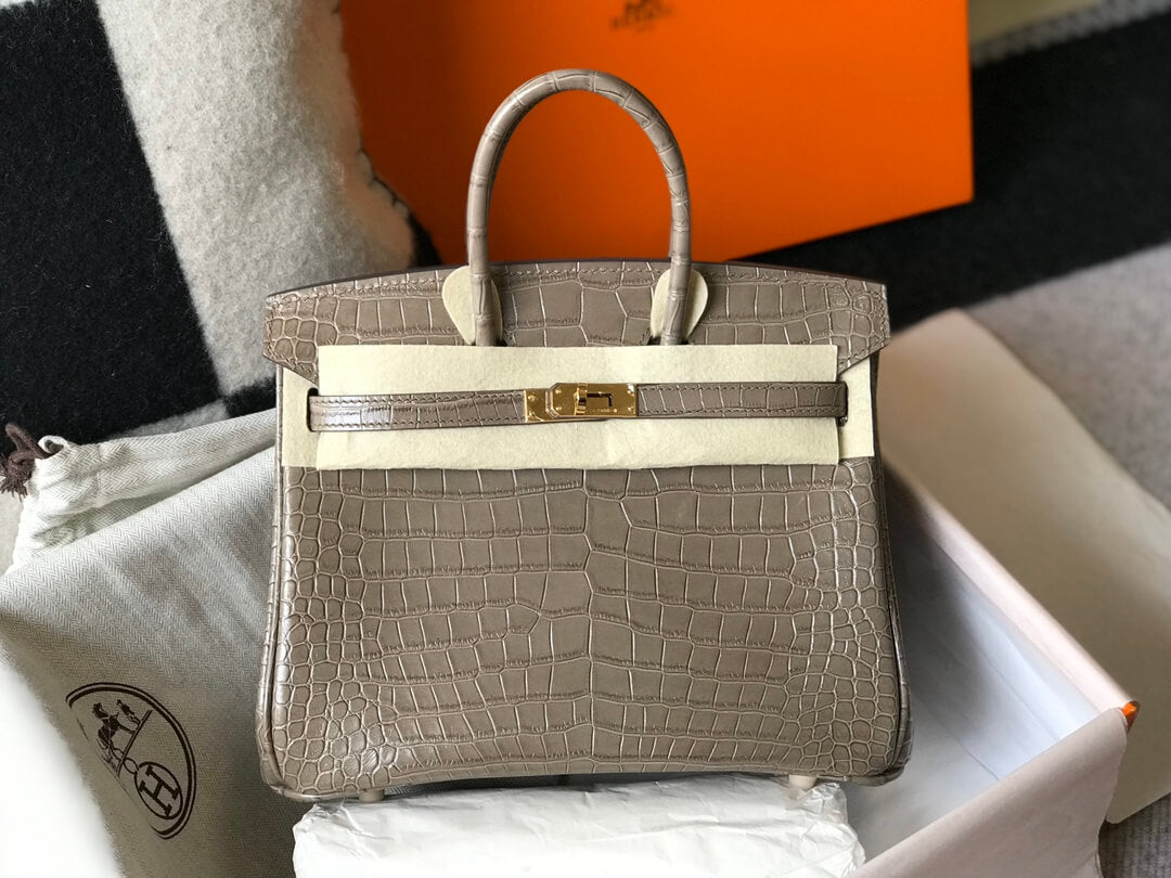 HM Birkin bag 25/30 Turtledove grey copy crocodile gold half hand sew wax thread