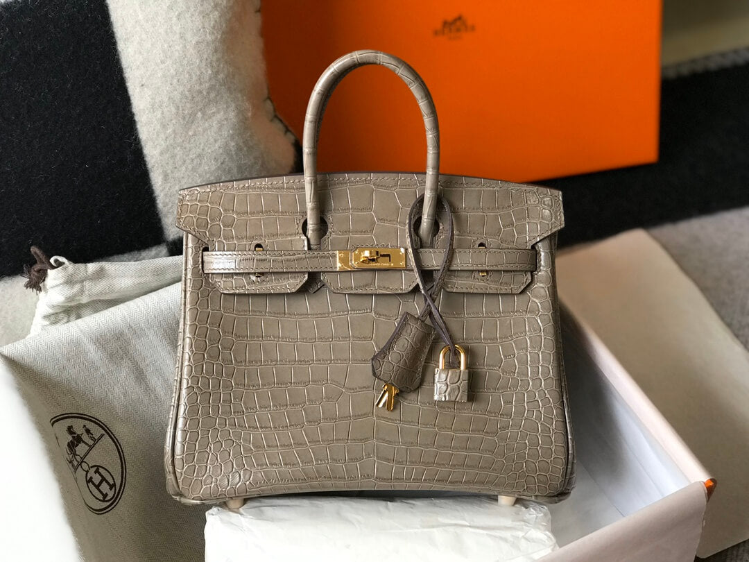 HM Birkin bag 25/30 Turtledove grey copy crocodile gold half hand sew wax thread