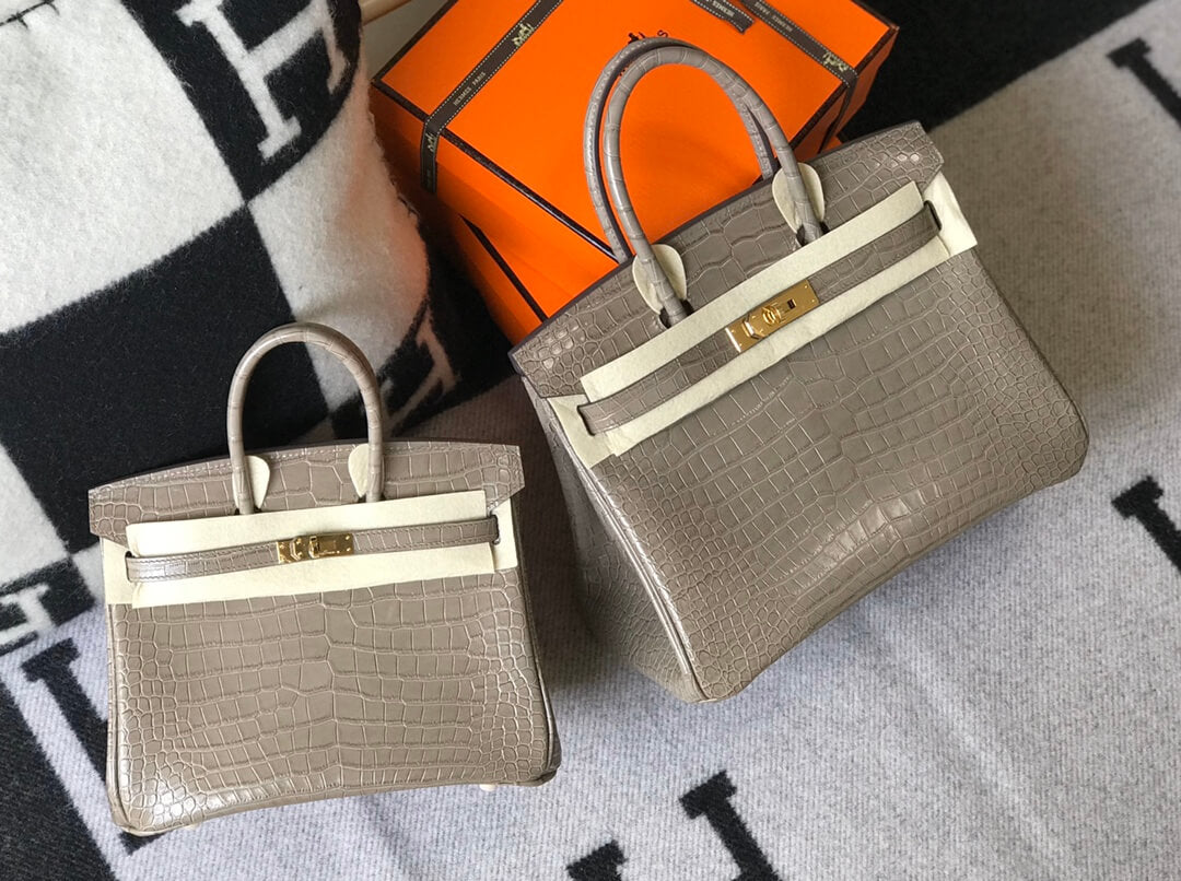 HM Birkin bag 25/30 Turtledove grey copy crocodile gold half hand sew wax thread