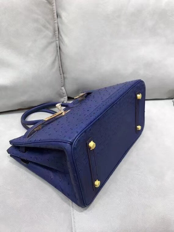 HM Birkin 30 real ostrich leather dark blue gold hardware wax thread handmade