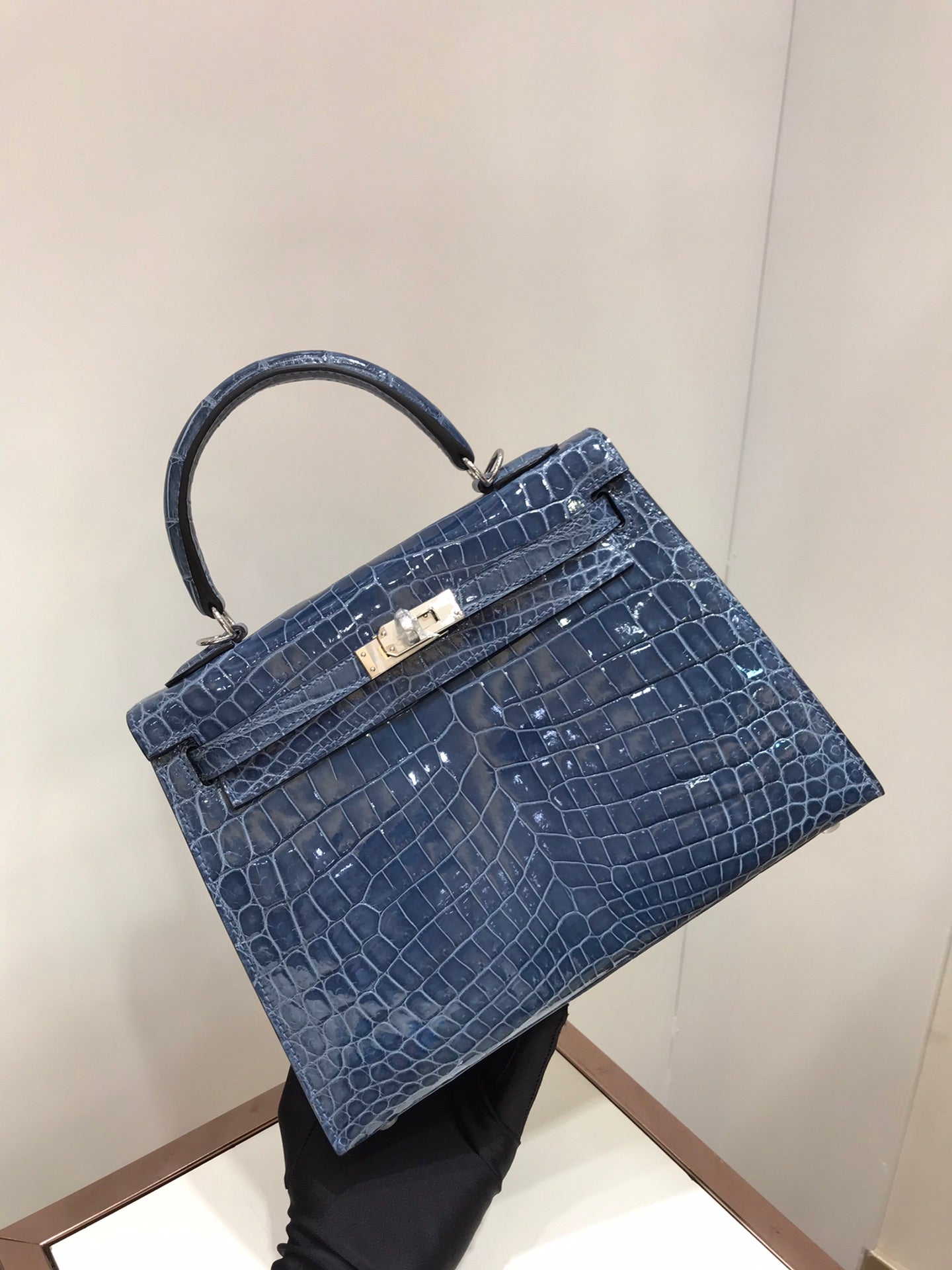 HM kelly real crocodile leather 25cm dark blue