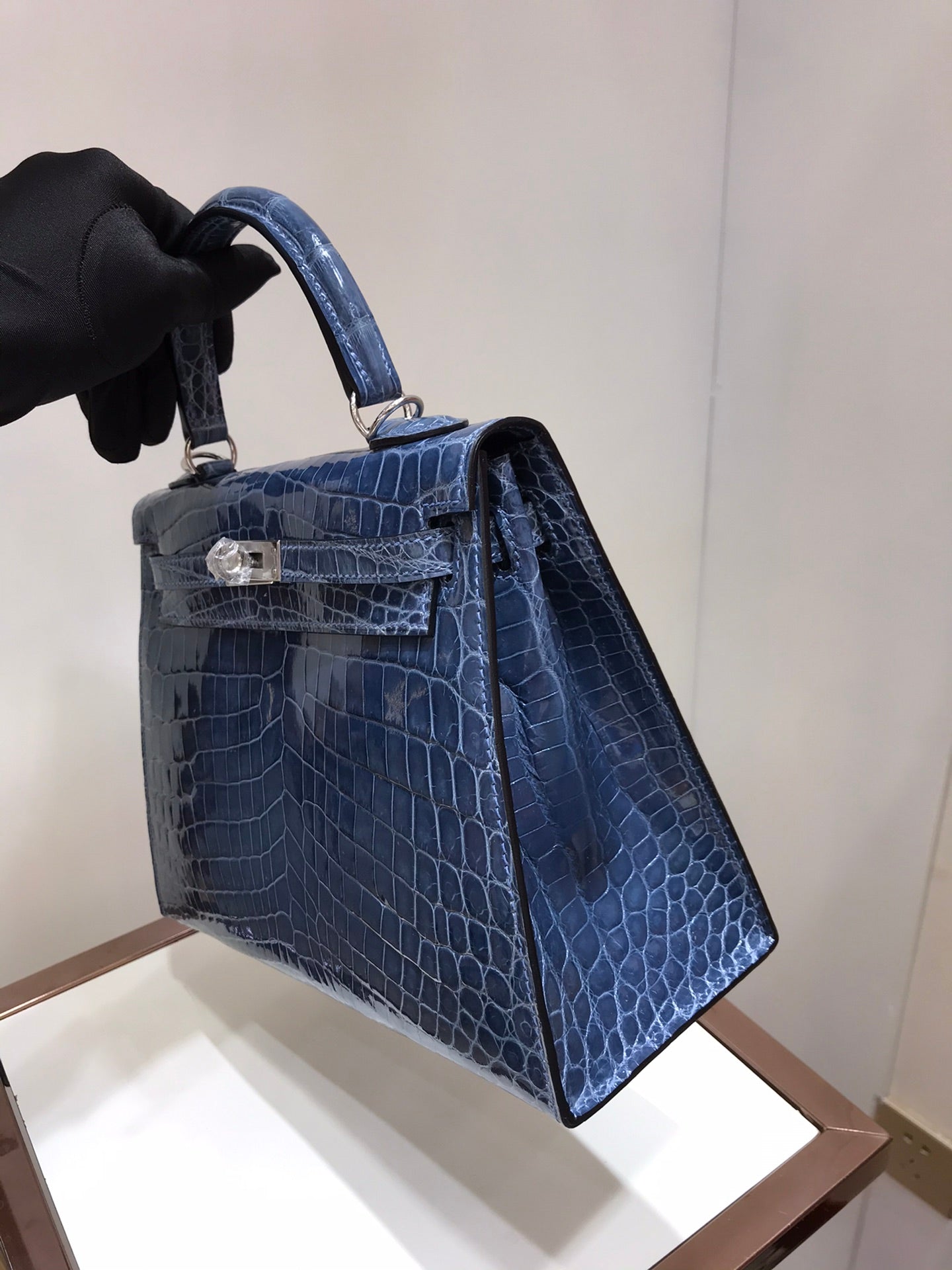 HM kelly real crocodile leather 25cm dark blue