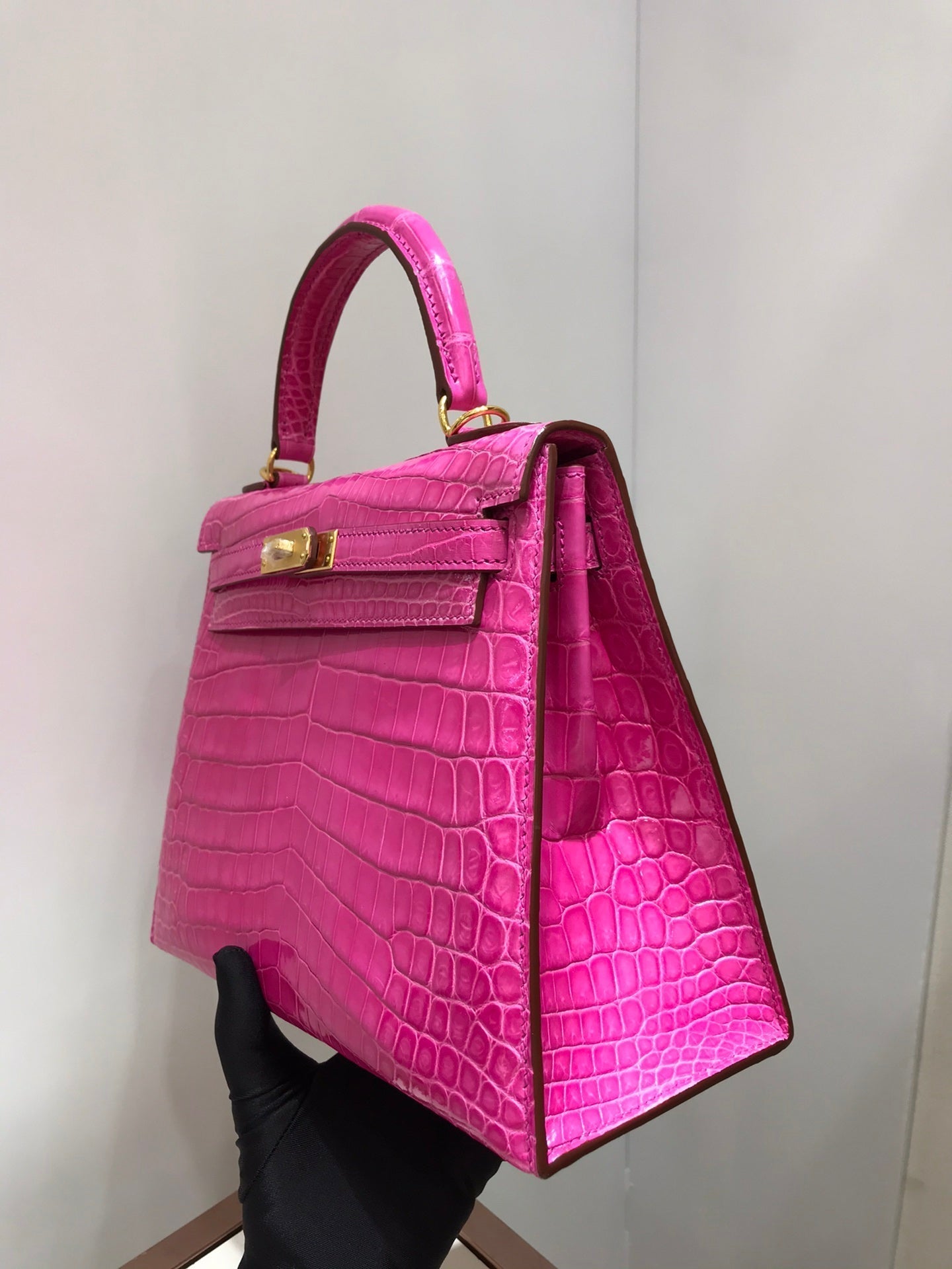 HM kelly real crocodile leather 25cm rose